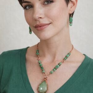 Aventurine Teardrop 1 1/4" Cabochon Necklace Pendant Earrings 20" Copper Bezel